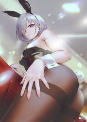 1girl, animal ears, ass, bob cut, bunny ears, ceiling, detached sleeves, foreshortening, from below, grey eyes, grey hair, hair over one eye, hand on hip, highres, infinote, light particles, light rays, looking at viewer, original, pantyhose, perspective, playboy bunny, sashou mihiro, signature, solo