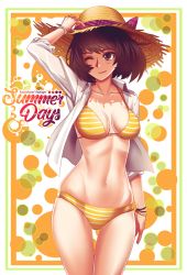 Rule 34 | 1girl, belly, bikini, frilled bikini, frills, hat, kawakami sadayo, midriff, persona, persona 5, smile, swimsuit, urbatman, yellow bikini