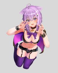 Rule 34 | 1girl, :d, absurdres, ahoge, animal collar, animal ear fluff, animal ears, bad id, bad twitter id, bikini, bikini top only, bikini under clothes, black cape, black collar, black footwear, black garter straps, black nails, blush, breasts, cape, cat ears, cat girl, cat tail, claw pose, cleavage, collar, crossed bangs, fang, garter straps, grey background, hair between eyes, halloween, halloween costume, highres, hololive, large breasts, looking at viewer, medium breasts, nail polish, navel, nekomata okayu, no shoes, open mouth, orange nails, panties, purple eyes, purple hair, purple nails, purple panties, purple thighhighs, short hair, short shorts, shorts, simple background, smile, solo, swimsuit, tail, thighhighs, torakichi 888, underwear, virtual youtuber, wrist cuffs