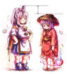 Rule 34 | 2girls, bad id, bad pixiv id, bad proportions, barefoot, blue eyes, blush stickers, boots, bowl, bowl hat, clenched teeth, comparison, crying, crying with eyes open, artistic error, eyebrows, full body, grin, hands on own hips, hat, height difference, highres, japanese clothes, kariginu, kimono, koto inari, looking at another, looking down, mini person, minigirl, mononobe no futo, multiple girls, musical note, obi, petticoat, ponytail, purple eyes, purple hair, quaver, sash, short hair, silver hair, skirt hold, smile, smug, speech bubble, spoken musical note, sukuna shinmyoumaru, tate eboshi, tears, teeth, touhou, trembling, troll face, white background