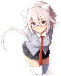 Rule 34 | 1girl, animal ears, blush, cat ears, cat tail, glasses, highres, necktie, original, pink hair, rariemonn, school uniform, short hair, silver hair, simple background, solo, tail, thighhighs, white background, white thighhighs
