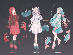 Rule 34 | 3girls, ankle socks, aqua eyes, aqua hair, artist name, black background, black socks, blue bow, blue eyes, blue footwear, bow, braid, cancer (constellation), cancer (zodiac), cardigan, color guide, constellation, constellation print, double bun, dress, earrings, full body, gradient hair, green bow, grey hair, hair bow, hair bun, hair ornament, hairclip, hand on own face, hand to own mouth, highres, holding, holding stuffed toy, jacket, jewelry, long hair, long sleeves, looking at viewer, mokaffe, multicolored hair, multiple girls, nail polish, no shoes, open cardigan, open clothes, open mouth, original, pink hair, pink socks, pisces (constellation), pisces (zodiac), polka dot, polka dot bow, polka dot dress, puffy long sleeves, puffy sleeves, red dress, red eyes, red footwear, red hair, red nails, ribbon, scorpio (zodiac), scorpion, sleeves past wrists, slippers, smile, socks, standing, star (symbol), striped clothes, striped socks, stuffed animal, stuffed toy, twintails, very long hair, wavy hair, white dress, zodiac