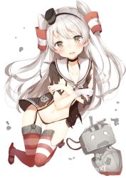Rule 34 | 10s, 1girl, amatsukaze (kancolle), bad id, bad twitter id, black hairband, black panties, breasts, brown eyes, collarbone, covering breasts, covering privates, eyebrows, garter straps, hair ornament, hairband, highres, kantai collection, long hair, looking at viewer, niito, open mouth, panties, red thighhighs, rensouhou-kun, shirt, side-tie panties, silver hair, simple background, small breasts, solo, striped clothes, striped thighhighs, tears, thighhighs, torn clothes, torn shirt, torn thighhighs, underwear, white background