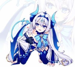 Rule 34 | 10s, 1girl, 2016, athria, bat wings, black background, blue bow, blue eyes, blue thighhighs, boots, bow, brooch, bug, butterfly, dated, detached sleeves, elsword, flower, gradient background, grey background, insect, jewelry, knee boots, long hair, looking at viewer, luciela r. sourcream, miniskirt, noblesse (elsword), rose, skirt, smile, solo, symbol-shaped pupils, thighhighs, twintails, white flower, white hair, white rose, wings