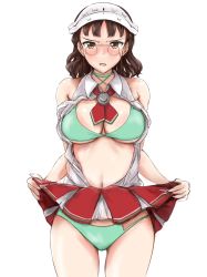 Rule 34 | 10s, 1girl, bad id, bad pixiv id, bikini, bikini under clothes, blunt bangs, blush, breasts, brown eyes, brown hair, cleavage, clothes lift, dosaken, embarrassed, eyewear strap, glasses, green bikini, headdress, huge breasts, kantai collection, looking at viewer, navel, open clothes, open mouth, open shirt, pince-nez, roma (kancolle), shirt, short hair, skirt, skirt lift, sleeveless, sleeveless shirt, solo, standing, swimsuit, wavy hair, white background