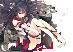 Rule 34 | 10s, 1girl, barefoot, cannon, cherry blossoms, closed eyes, detached sleeves, flower, hair flower, hair ornament, hugging own legs, kantai collection, long hair, machinery, personification, purple hair, shirokitsune, skirt, smile, solo, tassel, thigh strap, thighhighs, torn clothes, torn thighhighs, turret, very long hair, yamato (kancolle)
