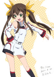 Rule 34 | 10s, 1girl, 2011, bare shoulders, brown hair, dated, errant, fang, green eyes, hand on own hip, hip focus, huang lingyin, infinite stratos, long hair, open mouth, outstretched arm, solo, twintails, uniform