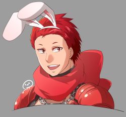 Rule 34 | 1boy, animal ears, armor, chain, commentary request, fake animal ears, grey background, looking at viewer, love morocc, male focus, mechanic (ragnarok online), open mouth, pauldrons, portrait, rabbit ears, ragnarok online, red armor, red eyes, red hair, red scarf, scarf, short hair, shoulder armor, shrug (clothing), simple background, smile, solo