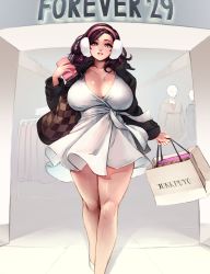 Rule 34 | 1girl, artist name, bag, beryl (junkpuyo), brand name imitation, breasts, brown hair, cellphone, cleavage, commentary request, dress, hairband, highres, huge breasts, jewelry, junkpuyo, long hair, looking at viewer, nail polish, necklace, original, parted lips, phone, pink hairband, purple eyes, shopping bag, smartphone, smartphone case, smile, solo, standing, thighs, white dress