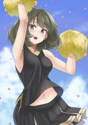 10s 1girl arm_up armpits bare_shoulders blue_eyes blush breasts cheerleader cloud confetti day female_focus gradient_background green_eyes green_hair heterochromia idolmaster idolmaster_cinderella_girls looking_at_viewer matching_hair/eyes midriff midriff_peek mole mole_under_eye navel no_bra open_mouth pom_pom_(cheerleading) sengoku_aky short_hair sideboob skirt sky smile solo takagaki_kaede