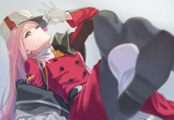 Rule 34 | 10s, 1girl, arm support, black pantyhose, blurry, blurry foreground, boots, candy, commentary request, darling in the franxx, depth of field, food, gloves, green eyes, grey background, grey jacket, hat, highres, holding, holding candy, holding food, holding lollipop, jacket, lollipop, long hair, long sleeves, looking at viewer, off shoulder, pantyhose, pink hair, reclining, red jacket, simple background, solo, tuchinokoeffect, very long hair, white footwear, white gloves, white hat, zero two (darling in the franxx)