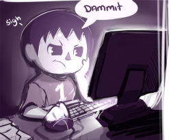 Rule 34 | 1boy, animal crossing, annoyed, english text, head rest, keyboard (computer), monochrome, mouse (computer), nintendo, purple theme, sho-n-d, short hair, solo, text focus, villager (animal crossing)