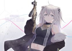 Rule 34 | 1girl, :&lt;, absurdres, animal ears, black gloves, black shirt, breasts, cleavage, closed mouth, commentary, english commentary, english text, fur-trimmed jacket, fur trim, gloves, grey eyes, grey hair, gun, hair between eyes, highres, holding, holding weapon, hololive, jacket, kriss vector, lion ears, long sleeves, medium breasts, navel, see-through, see-through cleavage, shirt, shishiro botan, shishiro botan (1st costume), sirokuro toho, sleeveless, sleeveless shirt, solo, submachine gun, virtual youtuber, weapon