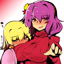 Rule 34 | 2girls, alternate costume, bad id, bad pixiv id, blonde hair, blush, breasts, flustered, hair between eyes, hair ornament, hair tubes, hairband, hand on another&#039;s chest, large breasts, long sleeves, looking at another, looking at viewer, moriya suwako, multiple girls, nekokokazuma, pointing, pointing at viewer, purple hair, red eyes, ribbed sweater, short hair, simple background, straight hair, sweater, tongue, tongue out, touhou, turtleneck, wavy hair, yasaka kanako, yellow eyes