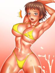 Rule 34 | 1girl, armpits, arms up, bikini, breasts, cum, cum on body, cum on breasts, cum on upper body, kodamashi, large breasts, muscular, nipples, open mouth, short hair, solo, surprised, sweat, swimsuit, tan, tanline