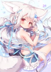 Rule 34 | 1girl, ahoge, animal ear fluff, animal ears, bare shoulders, blue flower, blue ribbon, breasts, character request, commentary request, crop top, flower, frilled skirt, frills, grey hair, hair flower, hair ornament, hair ribbon, hairclip, highres, long hair, looking at viewer, looking to the side, midriff, original, piyodera mucha, ribbon, sakurada shiro (hy plus), shirt, single thighhigh, sitting, skirt, sleeveless, sleeveless shirt, small breasts, solo, tail, thighhighs, very long hair, white flower, white shirt, white skirt, white thighhighs, wrist cuffs