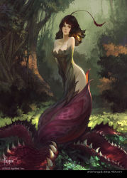 Rule 34 | 1girl, ahoge, artist name, bare shoulders, bayard wu, breasts, cleavage, dated, grass, green hair, leaf, legend of the cryptids, mandrake, medium hair, monster girl, multicolored hair, official art, plant girl, red hair, solo, tree, two-tone hair, watermark, web address