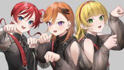 :3 :d bare_shoulders black_ribbon black_shirt blonde_hair blue_eyes blunt_bangs blush cat_day catchu!_(love_live!) clenched_hands clothing_cutout collared_shirt commentary distortion_(love_live!) green_eyes grey_background hair_bun hair_ornament hairband hairclip heanna_sumire highres long_hair long_sleeves looking_at_viewer love_live! love_live!_superstar!! neck_ribbon open_mouth orange_hair paw_pose purple_eyes red_hair red_hairband ribbon see-through_clothes see-through_sleeves shibuya_kanon shinyoujurin shirt short_hair_with_long_locks shoulder_cutout simple_background single_side_bun smile teeth upper_body upper_teeth_only yoneme_mei