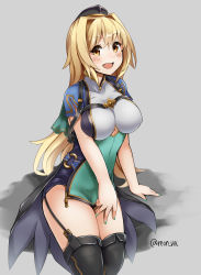 Rule 34 | 10s, 1girl, absurdres, artist request, bad id, bad pixiv id, blonde hair, blush, breasts, cleavage, clothing cutout, granblue fantasy, hair between eyes, hat, highres, large breasts, leotard, long hair, looking at viewer, mona (shingeki no bahamut), open mouth, shingeki no bahamut, smile, solo, thighhighs, underboob, underboob cutout, yellow eyes