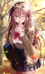 Rule 34 | 1girl, ahoge, autumn leaves, bad id, bad twitter id, bag, blue skirt, blush, bow, bowtie, breasts, brown hair, coat, collared shirt, cowboy shot, earrings, eating, falling leaves, finger to mouth, food, hair ornament, hairclip, highres, index finger raised, jewelry, large breasts, leaf, leaning forward, long hair, maple leaf, nozomi fuuten, one eye closed, original, pleated skirt, pocky, purple eyes, red bow, school bag, shirt, skirt, smile, solo, tree, white shirt, x hair ornament