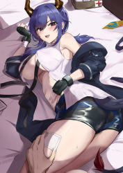 Rule 34 | 1boy, 1girl, absurdres, arknights, ass, bare shoulders, belt, black belt, black gloves, black jacket, black shorts, blue hair, blush, breasts, ch&#039;en (arknights), commentary, commission, dragon girl, dragon horns, dragon tail, english commentary, fingerless gloves, gloves, hair between eyes, half-closed eyes, hand on another&#039;s thigh, highres, horns, jacket, large breasts, long hair, long sleeves, looking at viewer, low twintails, lying, necktie, unworn necktie, no bra, off shoulder, on bed, on side, open clothes, open mouth, open shirt, out of frame, purple eyes, qianshui baodan, shirt, short shorts, shorts, sidelocks, sleeveless, sleeveless shirt, smile, solo focus, sweat, tail, teeth, thighs, twintails, white shirt, yellow necktie