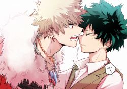 Rule 34 | 2boys, bakugou katsuki, blonde hair, blush, boku no hero academia, cape, cho mo futoshi, closed mouth, collared shirt, earrings, closed eyes, face-to-face, fangs, freckles, from side, fur-trimmed cape, fur trim, green hair, green vest, jewelry, looking at another, male focus, midoriya izuku, multiple boys, multiple necklaces, necklace, official alternate costume, open mouth, red cape, red eyes, shirt, short hair, simple background, speech bubble, spiked hair, teeth, vest, white background, white shirt