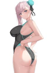 Rule 34 | 1girl, adjusting clothes, ass, black ribbon, blue eyes, breasts, competition swimsuit, fate/grand order, fate (series), fromgod jungle, hand on own hip, highres, large breasts, looking at viewer, miyamoto musashi (fate), miyamoto musashi (fate/grand order), miyamoto musashi (swimsuit berserker) (fate), miyamoto musashi (swimsuit berserker) (first ascension) (fate), one-piece swimsuit, ribbon, sideboob, simple background, solo, swimsuit, white background