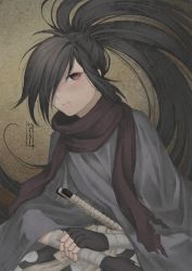 Rule 34 | 1boy, absurdres, bandaged arm, bandages, black gloves, black hair, brown eyes, chocolate4170615, cloak, closed mouth, dororo (tezuka), fingerless gloves, gloves, grey cloak, hair over one eye, highres, hyakkimaru (dororo), katana, long hair, looking at viewer, male focus, prosthesis, prosthetic arm, purple scarf, scarf, sheath, sheathed, solo, sword, torn, torn clothes, torn scarf, very long hair, weapon