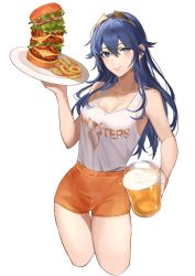Rule 34 | 1girl, bare shoulders, beer mug, blue eyes, blue hair, blush, breasts, burger, cleavage, clothes writing, commission, cup, employee uniform, fire emblem, fire emblem awakening, food, hair between eyes, highres, hooters, long hair, looking at viewer, lucina (fire emblem), medium breasts, mug, nintendo, no legwear, orange shorts, short shorts, shorts, simple background, smile, solo, tank top, tiara, toho10min, uniform, waitress