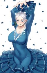 Rule 34 | 1girl, absurdres, arms up, blue eyes, breasts, cleavage, commission, commissioner upload, dancing, doiparuni, dress, falling petals, flamenco dress, flower, flower in mouth, highres, large breasts, looking at viewer, original, petals, solo, tiara, tight clothes, white hair