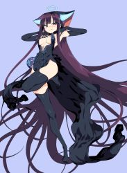 Rule 34 | 1girl, absurdly long hair, armpits, arms up, black dress, black gloves, black thighhighs, blue background, blue eyes, blunt bangs, blush, breasts, china dress, chinese clothes, cleavage, closed mouth, covered navel, dress, elbow gloves, fate/grand order, fate (series), full body, gloves, halo, headgear, highres, kinbakuman, leg up, long hair, medium breasts, pelvic curtain, purple hair, sidelocks, simple background, smile, solo, thighhighs, very long hair, yang guifei (fate), yang guifei (third ascension) (fate)