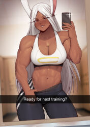 Rule 34 | 1girl, abs, absurdres, animal ears, bare shoulders, black pants, blurry, blurry background, blush, boku no hero academia, breasts, camera flash, cellphone, cleavage, clothes pull, collarbone, commentary, contrapposto, crescent print, dark-skinned female, dark skin, english commentary, english text, highres, holding, holding phone, large breasts, locker, locker room, long eyelashes, long hair, looking at viewer, mirko, mirror, muscular, muscular female, navel, pants, pants pull, parted bangs, parted lips, phone, pulling own clothes, rabbit ears, rabbit girl, red eyes, selfie, signature, smartphone, smile, snapchat, solo, speedl00ver, stomach, sweat, thick thighs, thighs, tight clothes, tight pants, veins, veiny arms, very long hair, white hair, yoga pants