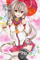 Rule 34 | 10s, 1girl, brown hair, cherry blossoms, cowboy shot, flower, hair flower, hair ornament, highres, holding, kantai collection, long hair, looking at viewer, machinery, marker (medium), miniskirt, oil-paper umbrella, open mouth, petals, pink background, ponytail, saya pr, single thighhigh, skirt, smile, solo, thighhighs, traditional media, umbrella, very long hair, yamato (kancolle)