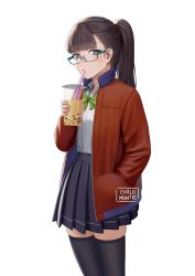 Rule 34 | 1girl, absurdres, blue skirt, blunt bangs, brown hair, bubble tea, carlo montie, collared shirt, cup, drink, drinking, drinking straw, drinking straw in mouth, green eyes, hand in pocket, highres, holding, holding cup, holding drink, jacket, looking at viewer, medium hair, original, pleated skirt, ponytail, red jacket, school uniform, shirt, shirt tucked in, simple background, skirt, solo, uniform, white background, white shirt