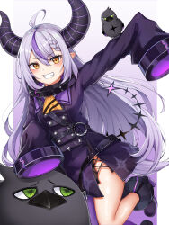 Rule 34 | 1girl, absurdres, ahoge, ascot, bird, black horns, braid, crow, crow (la+ darknesss), dress, gradient background, grey hair, grin, highres, hololive, horns, la+ darknesss, large horns, long hair, looking at viewer, multicolored hair, nahanmin, pointy ears, purple background, purple dress, purple hair, sleeves past fingers, sleeves past wrists, smile, streaked hair, striped horns, tail, thighs, virtual youtuber, white hair, yellow ascot, yellow eyes