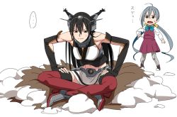 Rule 34 | ..., 2girls, bad id, bad twitter id, black hair, couch, destruction, elbow gloves, gloves, grey hair, headgear, heavy, indian style, kantai collection, kinosuke (sositeimanoga), kiyoshimo (kancolle), long hair, looking down, low twintails, multiple girls, nagato (kancolle), pantyhose, parody, sitting, sitting on object, skirt, style parody, surprised, sweatdrop, twintails, yotsubato!