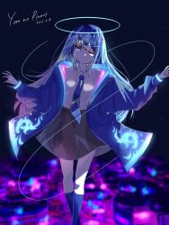 Rule 34 | 1girl, ado (utaite), blue background, blue coat, blue eyes, blue hair, blue necktie, blue socks, cloud nine inc, coat, collared shirt, commentary, dated, english commentary, grey skirt, hair between eyes, halo, highres, kneehighs, long hair, long sleeves, looking at viewer, necktie, one eye closed, open clothes, open coat, shirt, sidelocks, skirt, socks, solo, song name, spica (spica5f9ea0), utaite, white shirt, yoru no pierrot