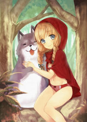 Rule 34 | 1girl, blonde hair, blue eyes, blush, bra, braid, cape, dog, forest, hair ribbon, hood, lingerie, little red riding hood, little red riding hood (grimm), long hair, looking at viewer, midorikawa you, nature, no pants, no shirt, panties, red cape, ribbon, sitting, smile, solo, striped clothes, striped panties, twin braids, underwear, wolf