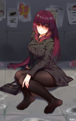 Rule 34 | 1girl, absurdres, bag, black jacket, black pantyhose, breasts, buttons, fate/grand order, fate (series), feet, handbag, heroic spirit traveling outfit, highres, jacket, large breasts, legs, long hair, long sleeves, looking at viewer, ninai, no shoes, pantyhose, parted lips, purple hair, red eyes, scathach (fate), scathach (traveling outfit) (fate), shaded face, sitting, soles, toes