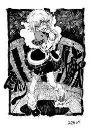 Rule 34 | angry, bare legs, biting, black footwear, black skirt, bridge, chireiden, clenched hands, clenched teeth, dated, detached sleeves, dot nose, english text, greyscale, hair between eyes, heran hei mao, kneehighs, looking at viewer, loose socks, mizuhashi parsee, monochrome, pulling, railing, shaded face, shoes, short hair, short sleeves, skirt, socks, solo, tapping foot, teeth, touhou, v-shaped eyebrows, white socks, wooden bridge, wooden floor, wooden railing