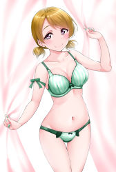 Rule 34 | 1girl, alternate hairstyle, armband, blush, bow, bow bra, bow panties, bra, breasts, cleavage, collarbone, curtains, frill trim, frills, green bra, green panties, hand up, highres, koizumi hanayo, large breasts, light brown hair, looking at viewer, love live!, love live! school idol project, nail polish, navel, panties, purple eyes, sleeveless, smile, solo, striped bra, striped clothes, striped panties, twintails, underwear, underwear only, yopparai oni