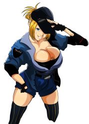 Rule 34 | 1girl, baseball cap, belt, black gloves, blonde hair, blue eyes, breasts, capcom, cleavage, eyewear on head, gloves, grin, hat, highres, large breasts, looking at viewer, lucia morgan, police, police uniform, policewoman, ponytail, shorts, smile, solo, standing, street fighter, street fighter v, sunglasses, sunglasses on head, sweat, thighs, uniform