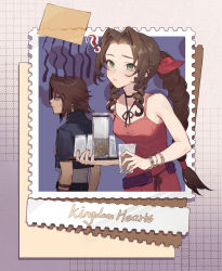 Rule 34 | 1boy, 1girl, ?, aerith gainsborough, arm strap, bangle, bare shoulders, belt, black jacket, bracelet, braid, braided ponytail, breasts, choker, cropped jacket, cup, curly hair, dress, final fantasy, final fantasy vii, final fantasy viii, green eyes, hair ribbon, highres, holding, holding cup, holding tray, jacket, jewelry, kingdom hearts, lilith-lily, long hair, loose belt, medium breasts, medium hair, official alternate costume, parted bangs, photo (object), pink dress, pink ribbon, purple belt, ribbon, ribbon choker, scar, scar on face, shirt, short sleeves, sidelocks, single braid, sleeveless, sleeveless dress, squall leonhart, sweatdrop, tape, tea, tray, upper body, white shirt