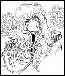 Rule 34 | 1girl, bad id, bb (baalbuddy), black border, border, closed mouth, curly hair, epaulettes, flower, greyscale, inactive account, jacket, long hair, looking at viewer, military jacket, monochrome, oscar francois de jarjayes, rose, smile, solo, upper body, versailles no bara