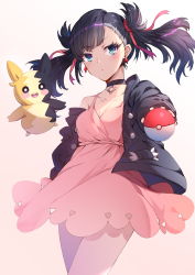 Rule 34 | 1girl, absurdres, aqua eyes, asymmetrical bangs, asymmetrical hair, black choker, black hair, black jacket, black nails, blush stickers, breasts, buttons, choker, cleavage, closed mouth, collarbone, commentary, cowboy shot, creatures (company), dress, expressionless, floating hair, game freak, gen 8 pokemon, hair ribbon, highres, holding, holding poke ball, jacket, looking at viewer, marnie (pokemon), medium hair, morpeko, morpeko (full), nail polish, nintendo, off-shoulder jacket, off shoulder, outstretched arm, pink dress, poke ball, poke ball (basic), pokemon, pokemon (creature), pokemon swsh, reaching, reaching towards viewer, red ribbon, ribbon, short dress, simple background, sleeveless, sleeveless dress, small breasts, standing, twintails, undercut, white background, zhl