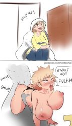 Rule 34 | 10s, 1boy, 1girl, ass, bakugou mitsuki, belly, black panties, blonde hair, blush, boku no hero academia, breasts, deee, doggystyle, eyebrows, hetero, instant loss, mature female, open mouth, panties, pants, sex, sex from behind, shirt, short hair, speech bubble, stomach, teeth, text focus, thong, topless, underwear