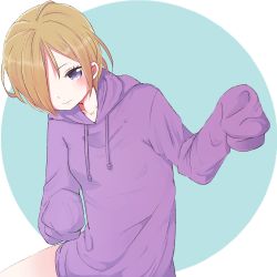 Rule 34 | 1girl, blue background, blush, breasts, closed mouth, collarbone, commentary request, drawstring, hair over one eye, hand up, highres, hiroshi (jasinloki), hood, hood down, hoodie, light brown hair, long sleeves, looking at viewer, original, purple eyes, purple hoodie, short hair, sleeves past fingers, sleeves past wrists, small breasts, solo, two-tone background, white background