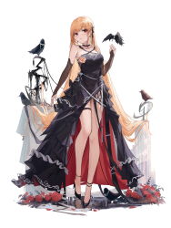 Rule 34 | 1girl, absurdres, bare legs, bare shoulders, bird, bird on hand, black dress, black footwear, blonde hair, breasts, cleavage, dress, highres, long hair, looking at viewer, open mouth, original, red eyes, simple background, solo, thigh strap, white background, yajuu