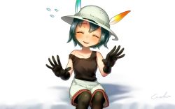 Rule 34 | 10s, 1girl, ^ ^, artist name, black gloves, black hair, black pantyhose, blush, check commentary, closed eyes, collarbone, commentary request, closed eyes, feathers, flying sweatdrops, gloves, green hair, hair between eyes, hands up, hat, hat feather, kaban (kemono friends), kemono friends, pantyhose, short hair, shorts, signature, sitting, smile, solo, strap slip, welt (kinsei koutenkyoku), white background