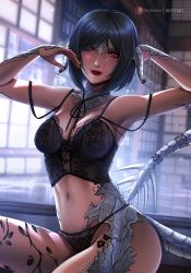 Rule 34 | 1girl, absurdres, au ra, warrior of light (ff14), bad id, bad twitter id, black hair, black panties, blurry, blurry background, breasts, bustier, commission, dragon horns, dragon tail, final fantasy, final fantasy xiv, highres, horns, inspy art, leg tattoo, lingerie, lips, looking at viewer, medium breasts, navel, panties, red eyes, scales, short hair, sitting, solo, tail, tattoo, underwear